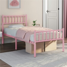 Yaheetech 3ft Single Metal Bed Frame with Slatted Headboard Pink