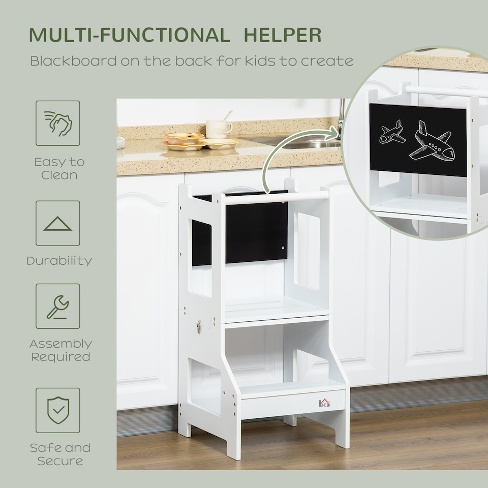 image 1 of HOMCOM 2 in 1 Kids Kitchen Step Stool Helper with Safety Rail | White