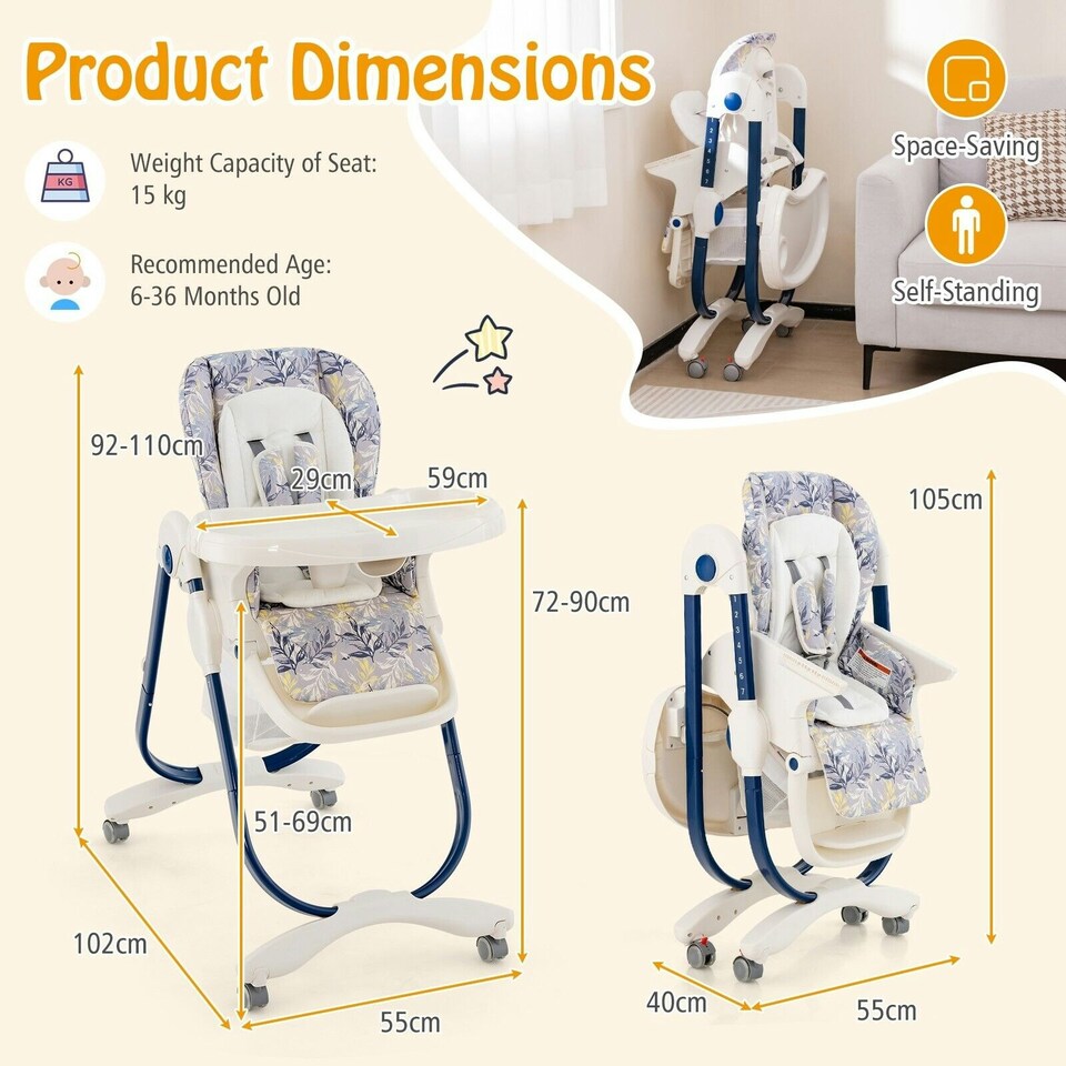 image 1 of COSTWAY Folding Baby High Chair Convertible High Chair Navy