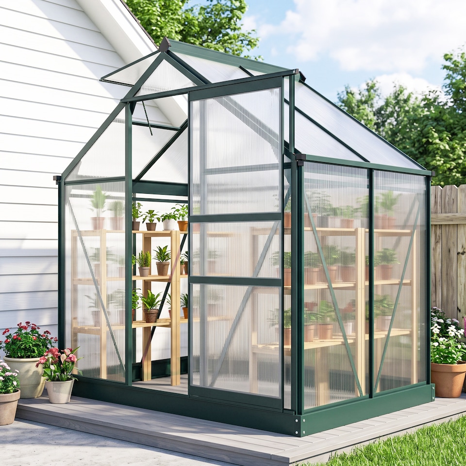 image 1 of Outsunny 6x4ft Walk-In Polycarbonate Greenhouse Plant Grow Galvanized Aluminium | Green