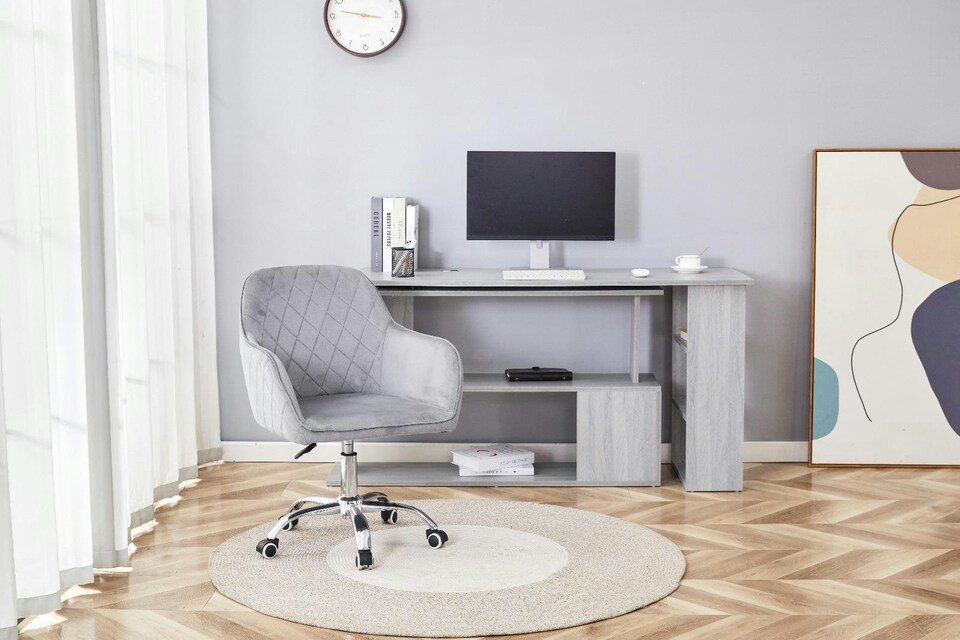 image 1 of Grey Office Desk L-shaped with Grey Velvet Upholstered Chair Wooden Room Furniture | Grey