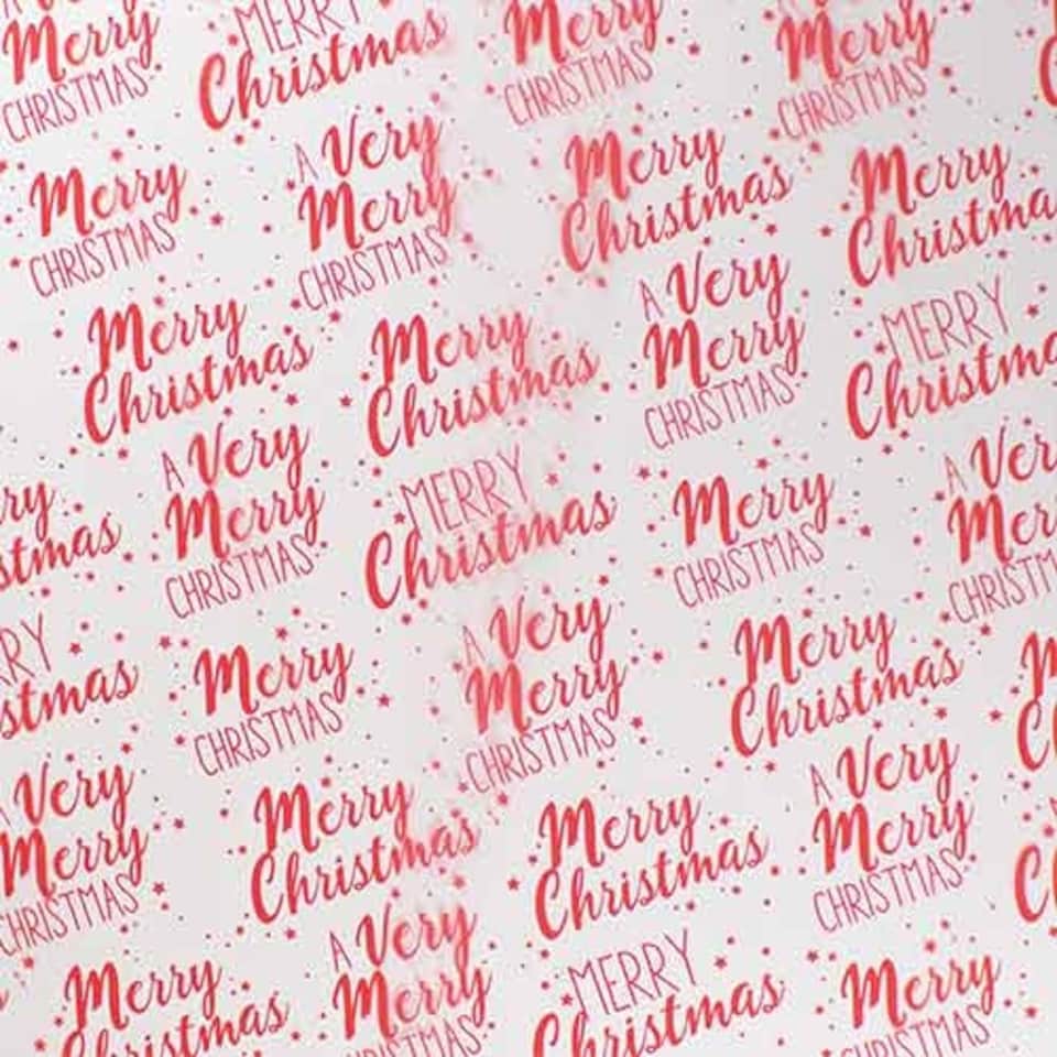 image 1 of Merry Christmas Red Print Clear Cellophane Gift Wrapping Roll 2m