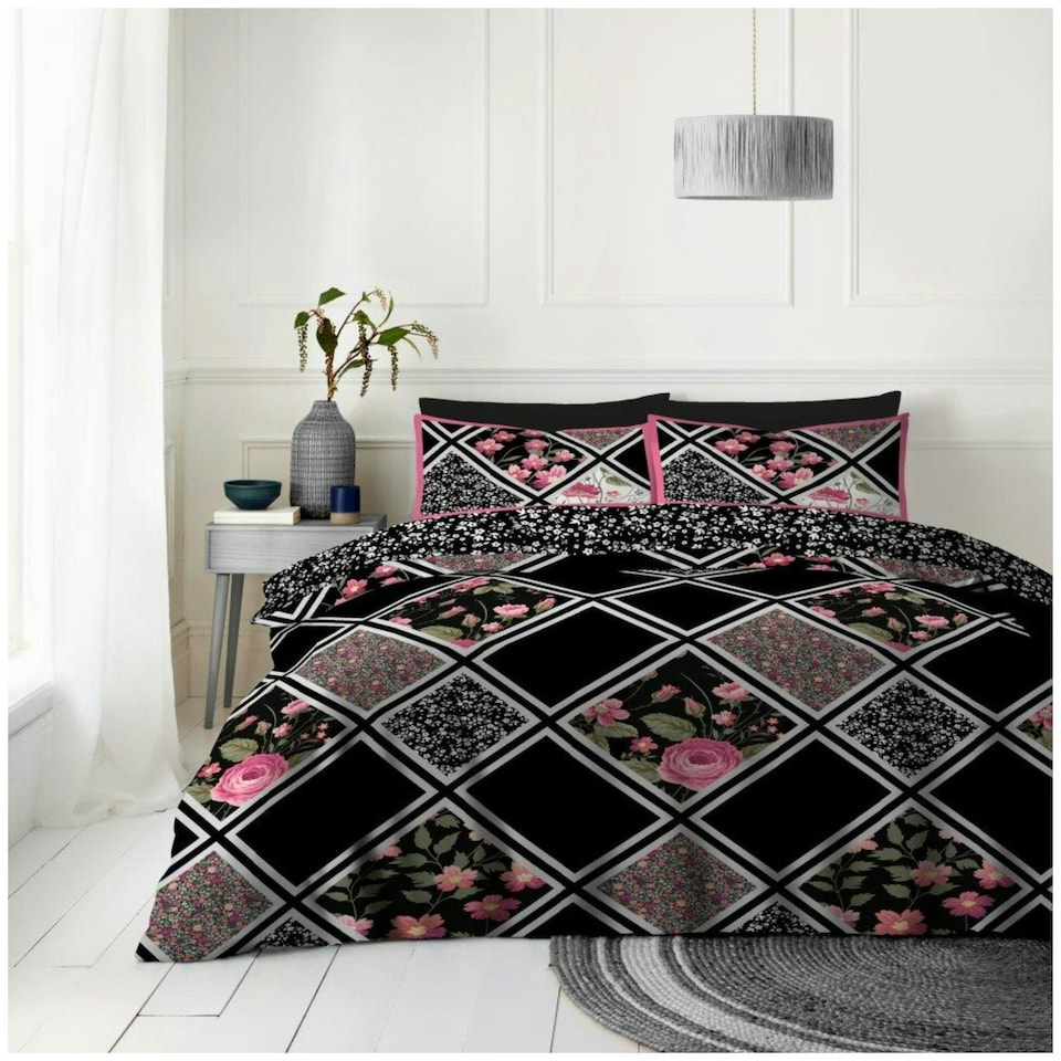 image 1 of VELVETIO Mitra Complete Duvet Cover Set with Fitted Sheet Soft Polycotton Bedding Sets Black | King