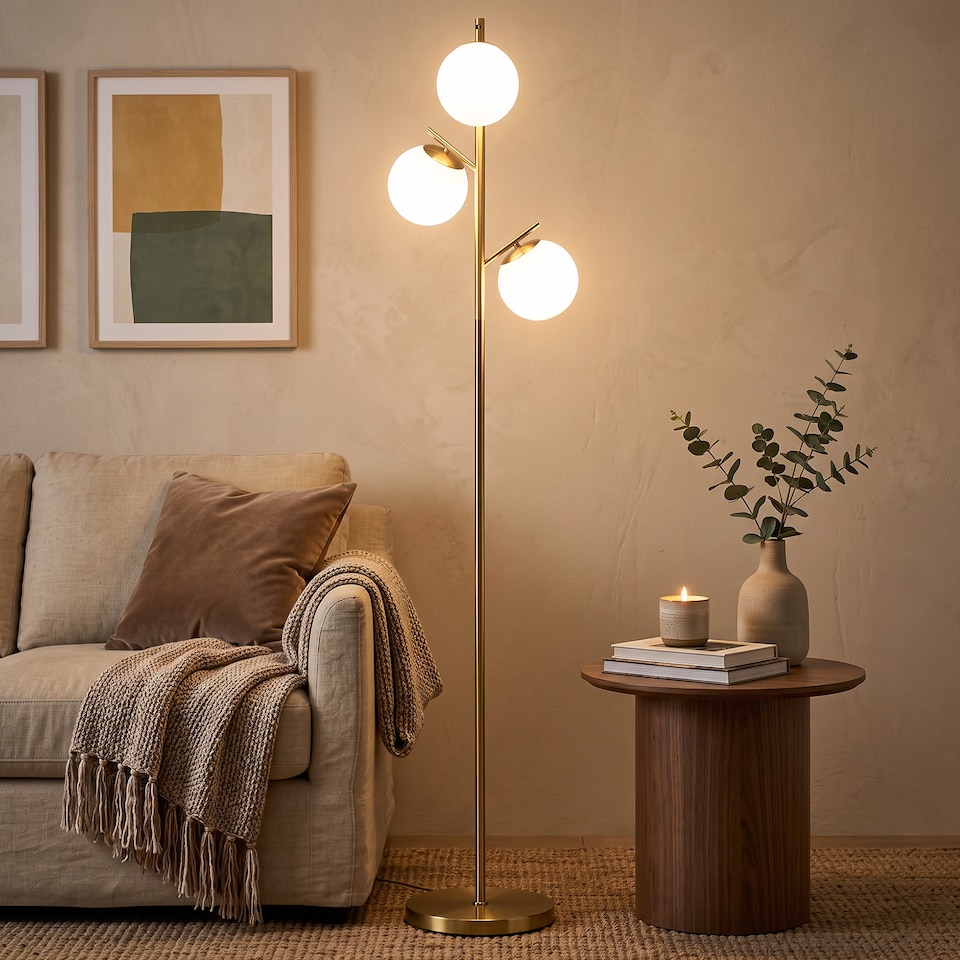 image 1 of HOMCOM Modern Tree Floor Lamp with 3 Light, for Living Room Bedroom, Gold