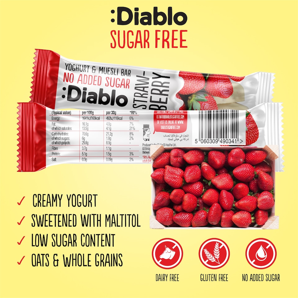 image 1 of Diablo No Added Sugar Yoghurt and Strawberry Muesli Bar 30g 4 Pack