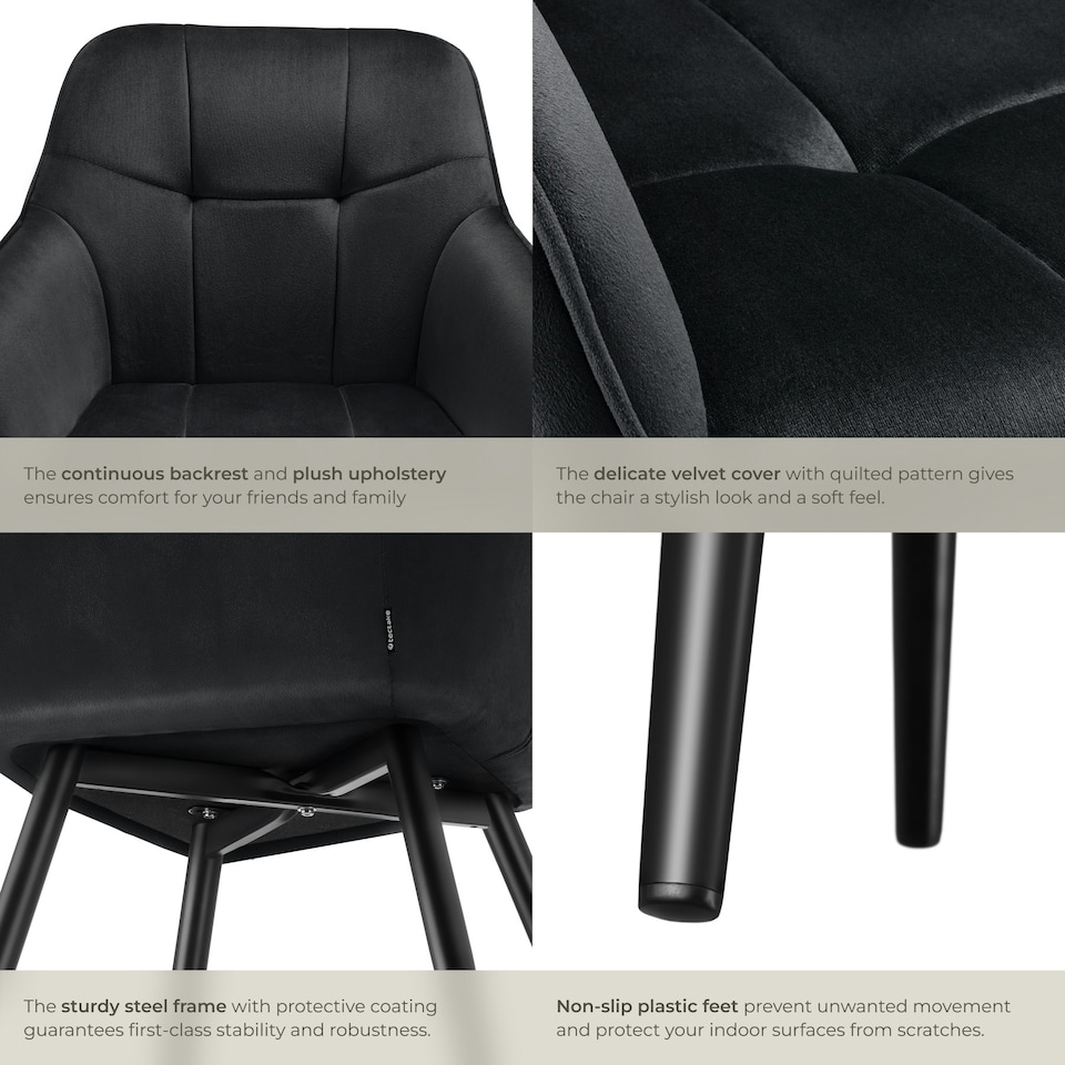 image 1 of Dining Chair Marilyn - velvet look, quilted pattern - per piece Black | Black/Black