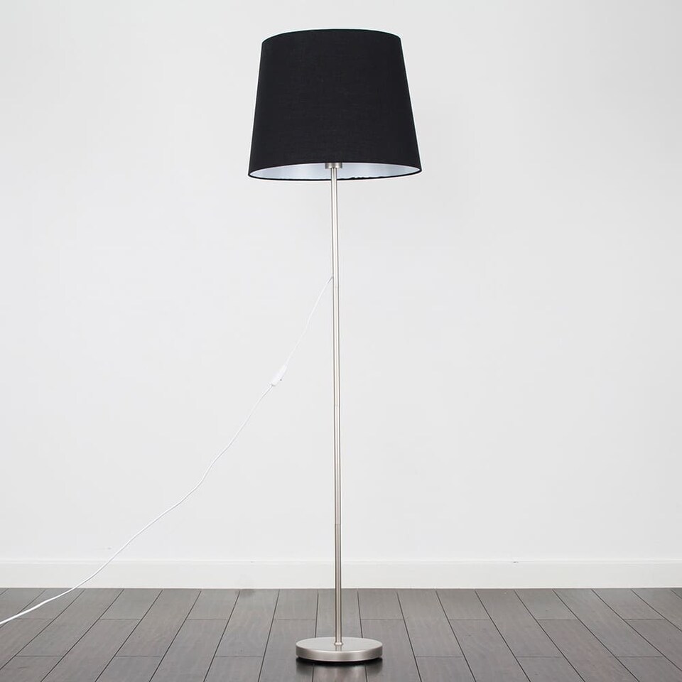 image 1 of ValueLights Charlie Brushed Chrome Floor Lamp Black Taper Shade and Bulb