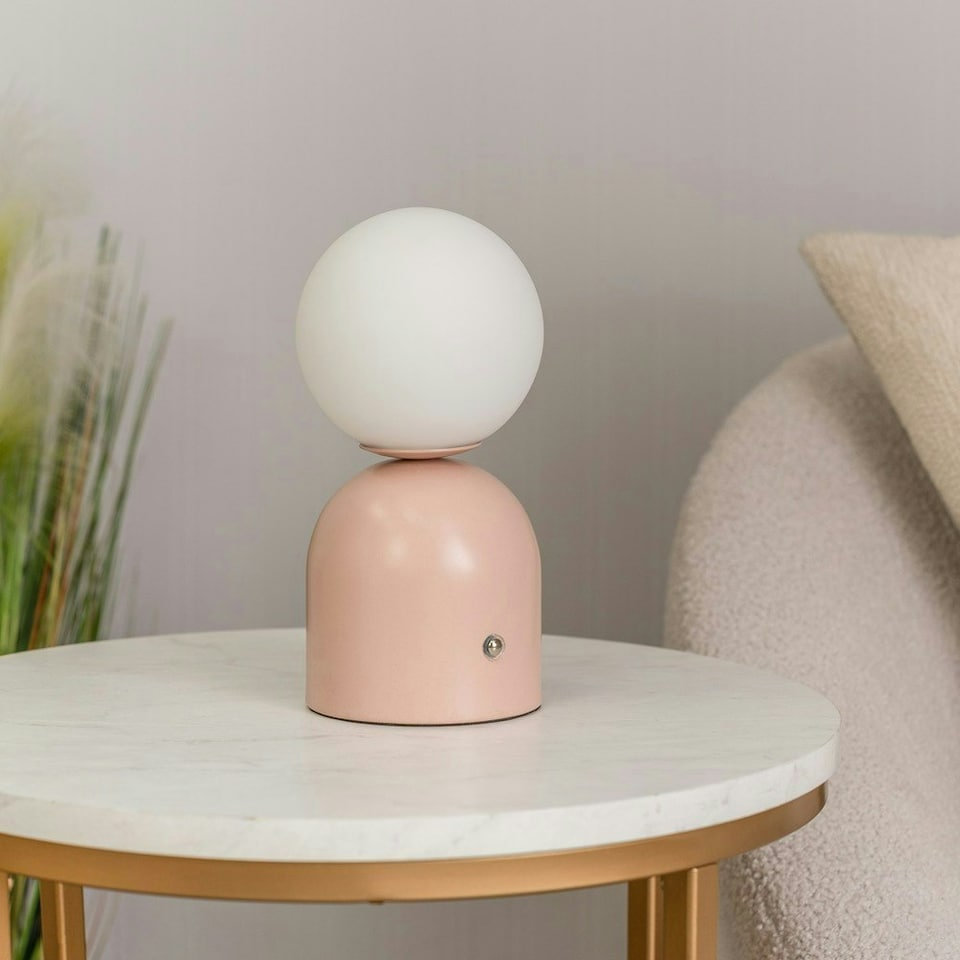 image 1 of ValueLights Marlow Dimmable Painted Pink Table Lamp with White Globe Shade and Integrated LED 2W Warm White 3000K Bulb Pink