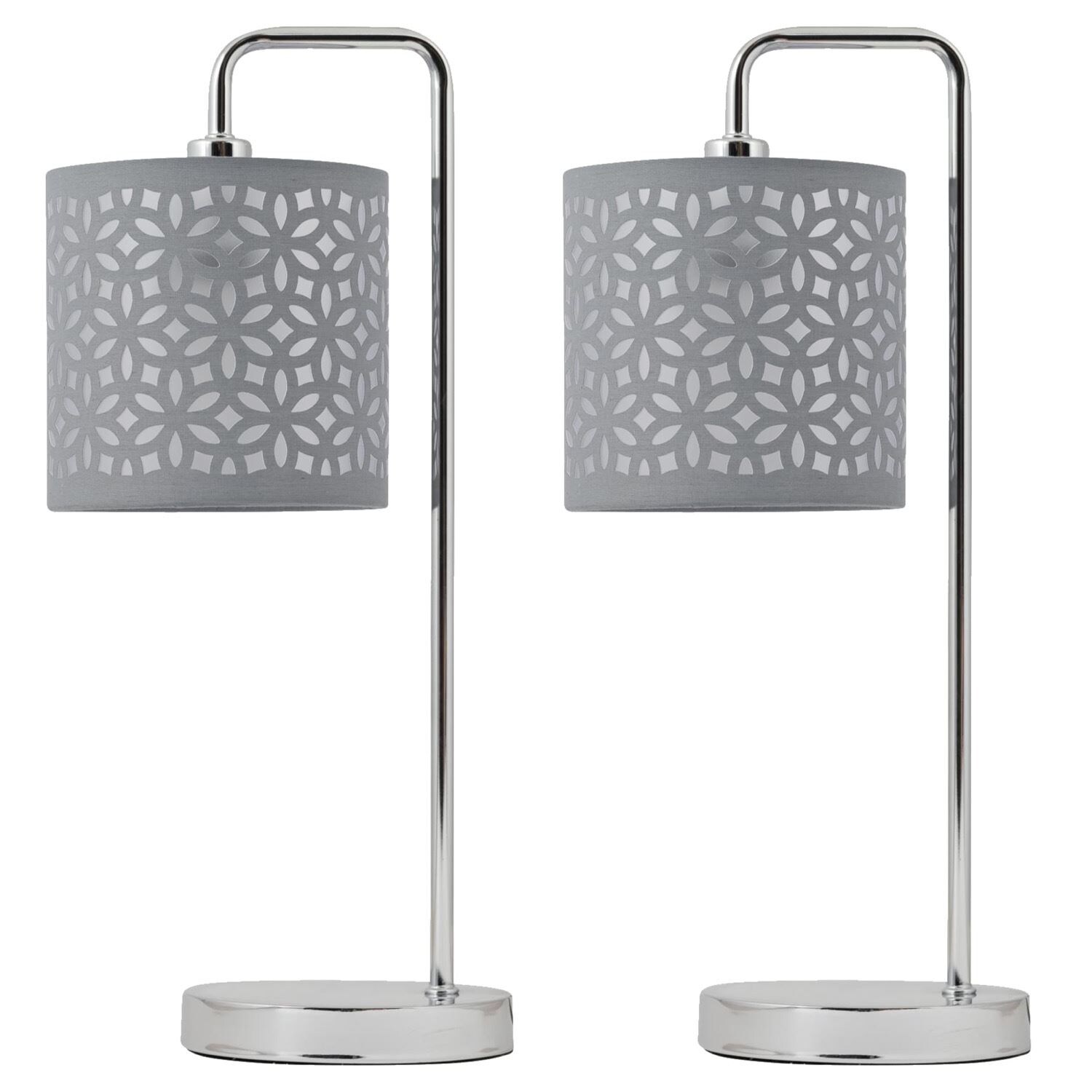 First Choice Lighting Set of 2 Chrome Arched Table Lamps with Grey Laser Cut Shades in Silver