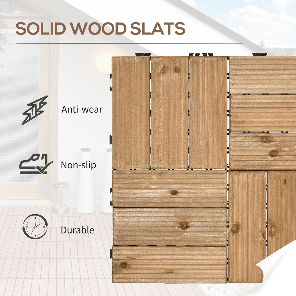 image 1 of Outsunny 27 Pcs Wooden Decking Tiles, 30x30cm Decking Boards, Brown