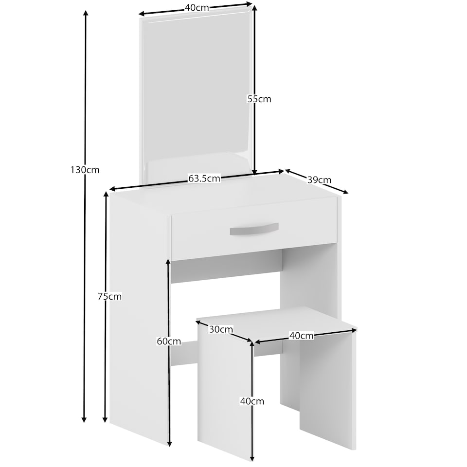 image 1 of Vida Designs Isla Dressing Table 1 Drawer Mirror & Stool Set Vanity Makeup Desk, White
