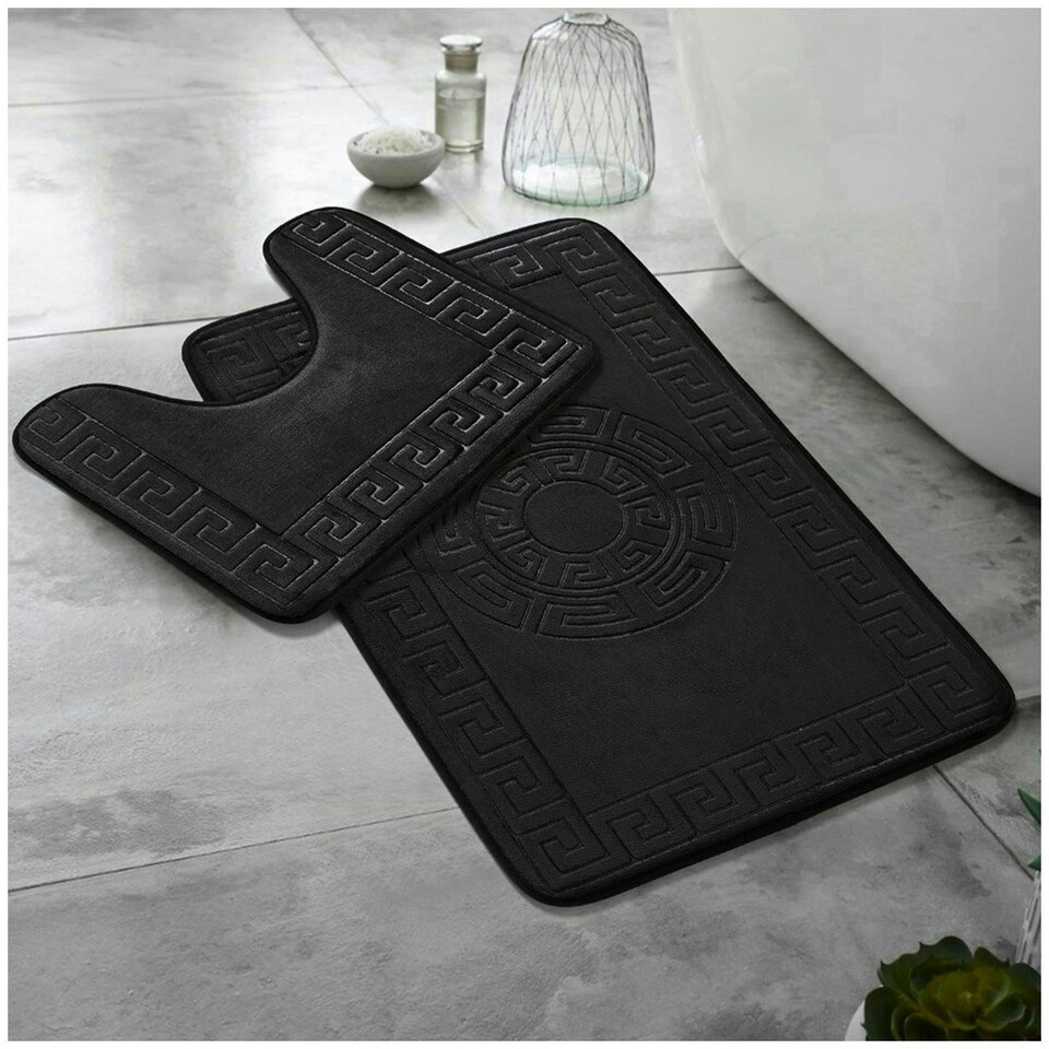 image 1 of VELVETIO Bath Mat Set Greek Pattern Anti Slip Memory Foam Toilet Rug | Black | 1