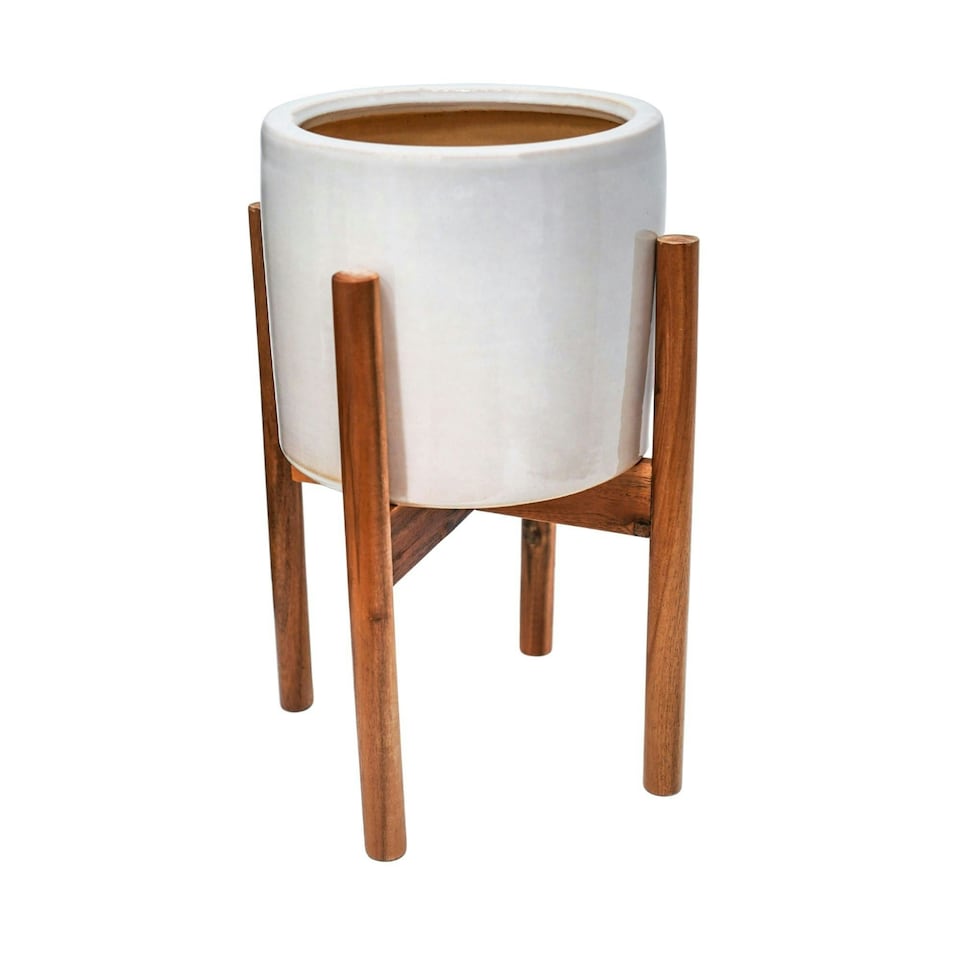 image 1 of Anzio Stone Planter with Wooden Stand - Ceramic - L24 x W24 x H38.5 cm - White | White