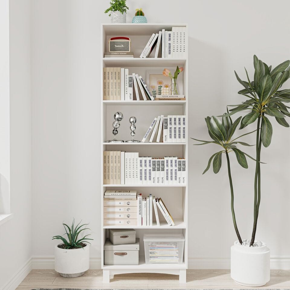 image 1 of Wide Shelf Tier Wooden Bookcase Shelving Modern Open Display Storage Cabinet | White | White 6 Tier | 1