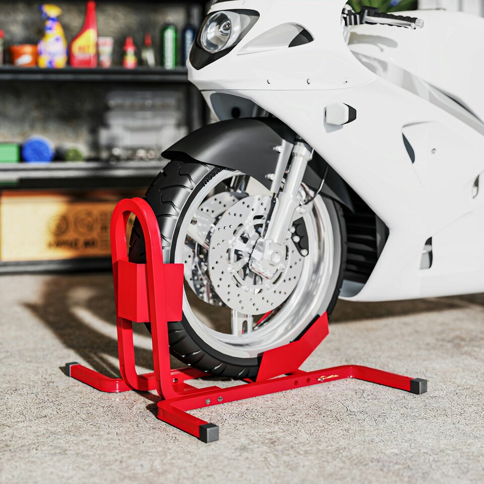 image 1 of HOMCOM Adjustable Motorcycle Wheel Chock Motorbike Holder with Metal Frame Red
