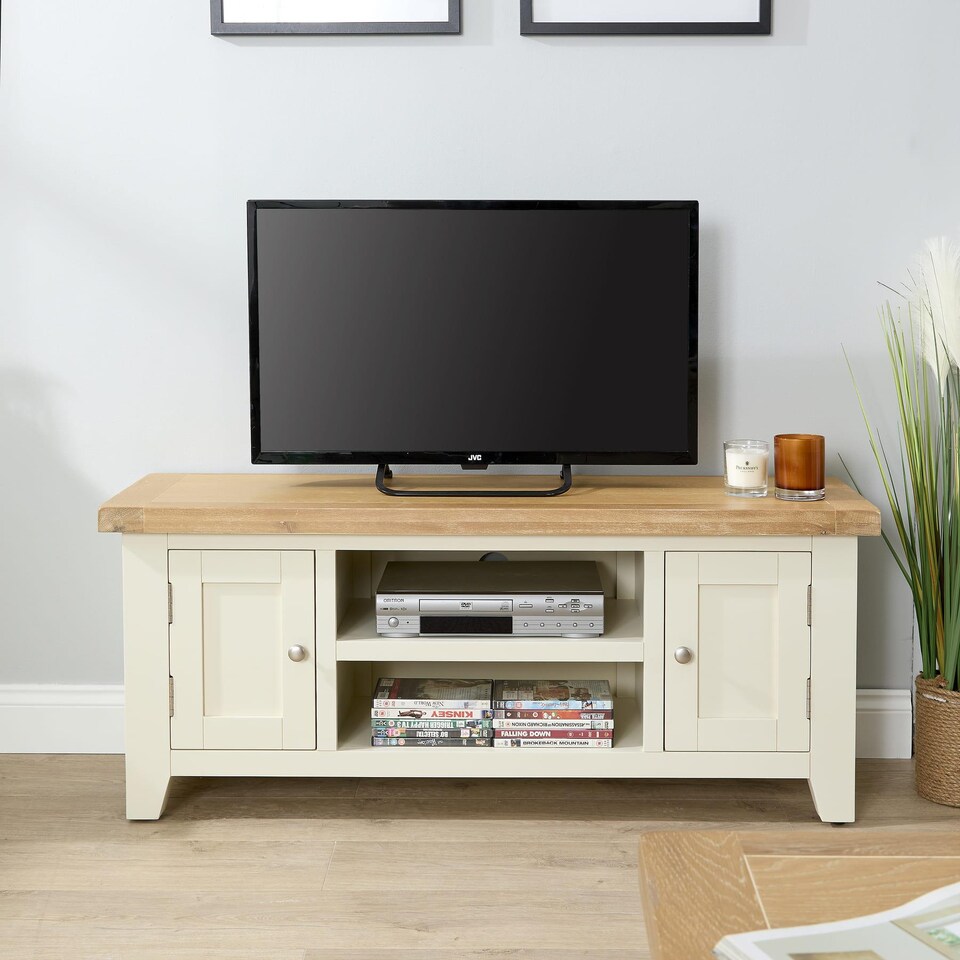 image 1 of 2 Doors 2 Shelves TV Stand Media Entertainment Storage Cabinet Wooden | White | White