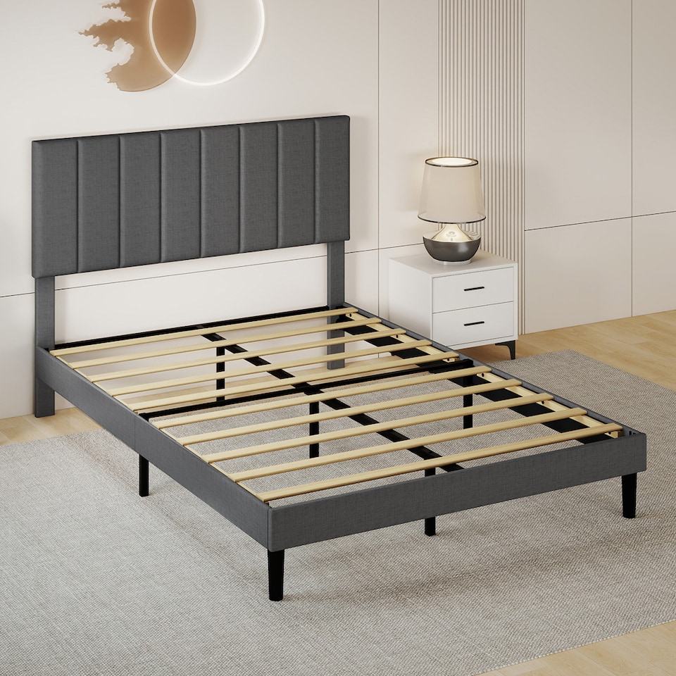 image 1 of Levede Bed Frame Double Upholstered Foam Headboard Soft Linen Fabric Wooden | Grey | Double | Double