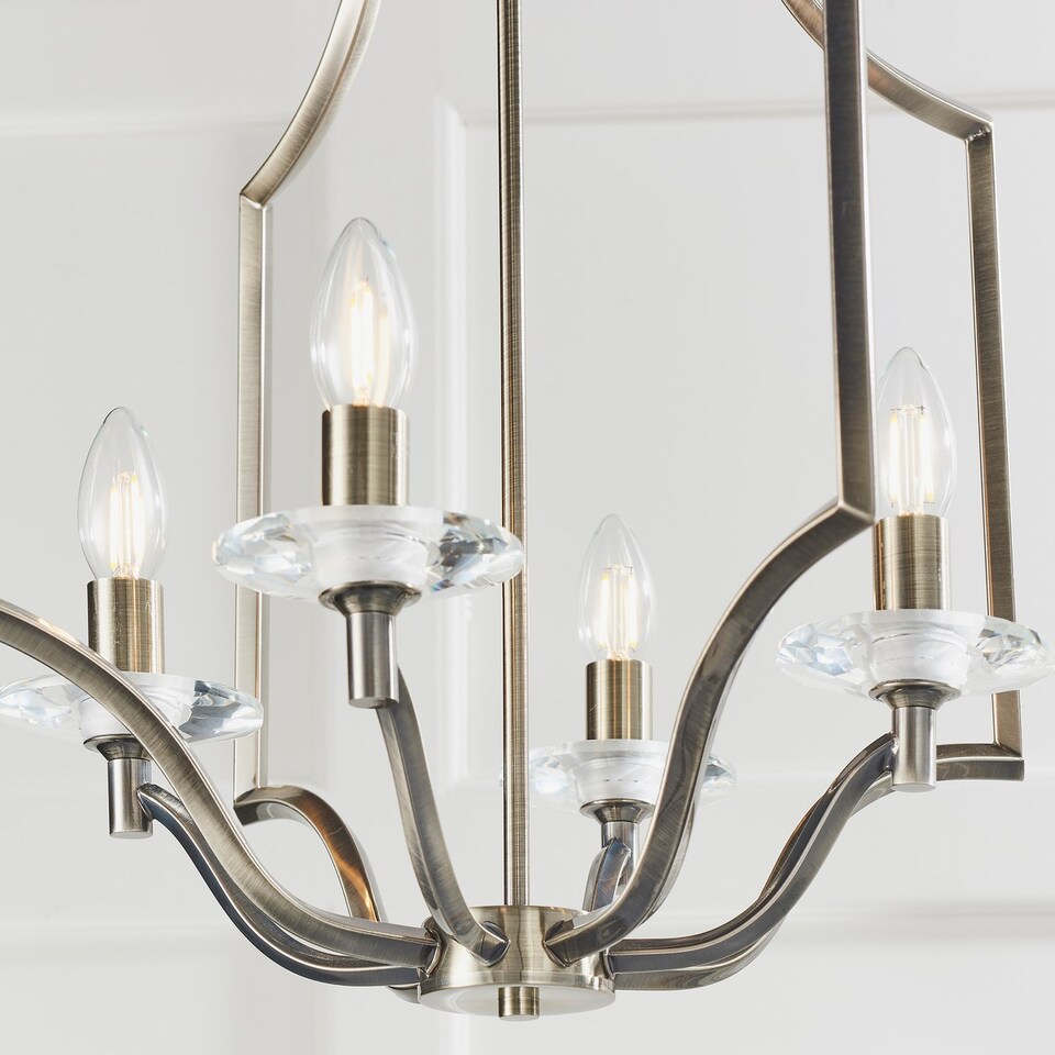 image 1 of Lainey 4 Light Ceiling Pendant Antique Brass Plate & Clear Crystal Glass, E14