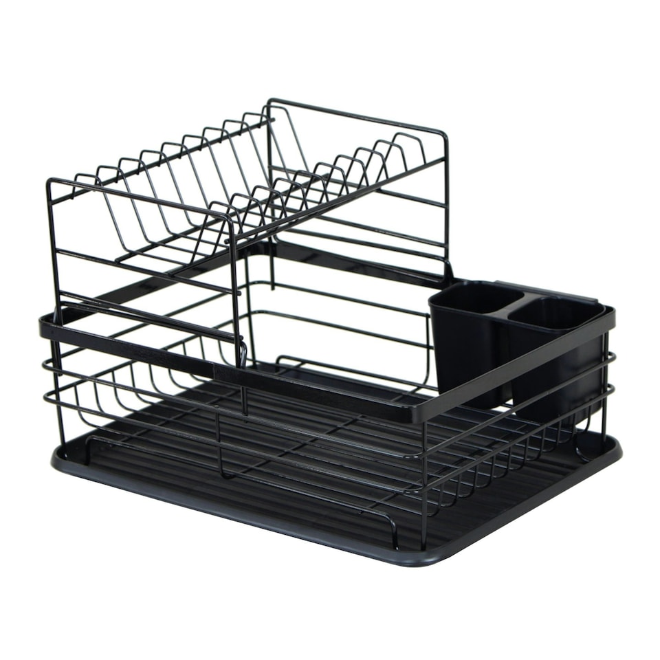 image 1 of Oypla 2 Tier Multifunction Dish Drainer Drying Rack with Cutlery Holder and Removable Tray Black