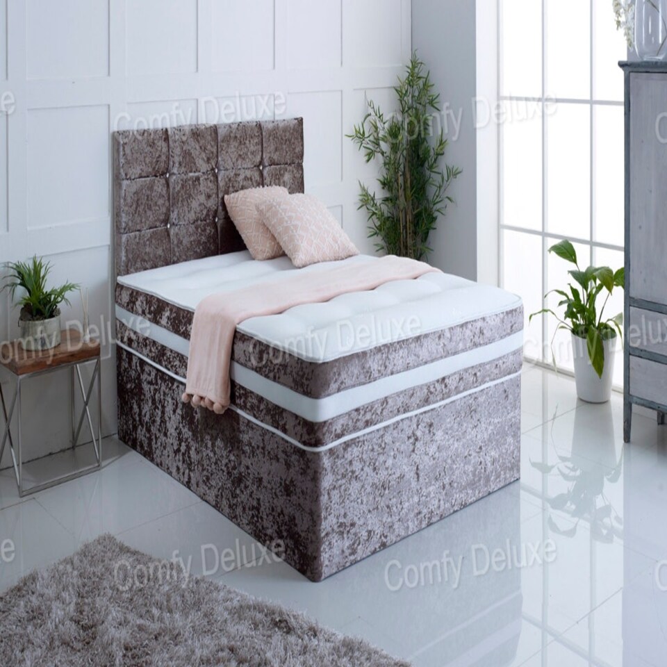 Brown Crush Velvet 5FT King Divan Bed With Cube Headboard & Matching Mattress No Drawers