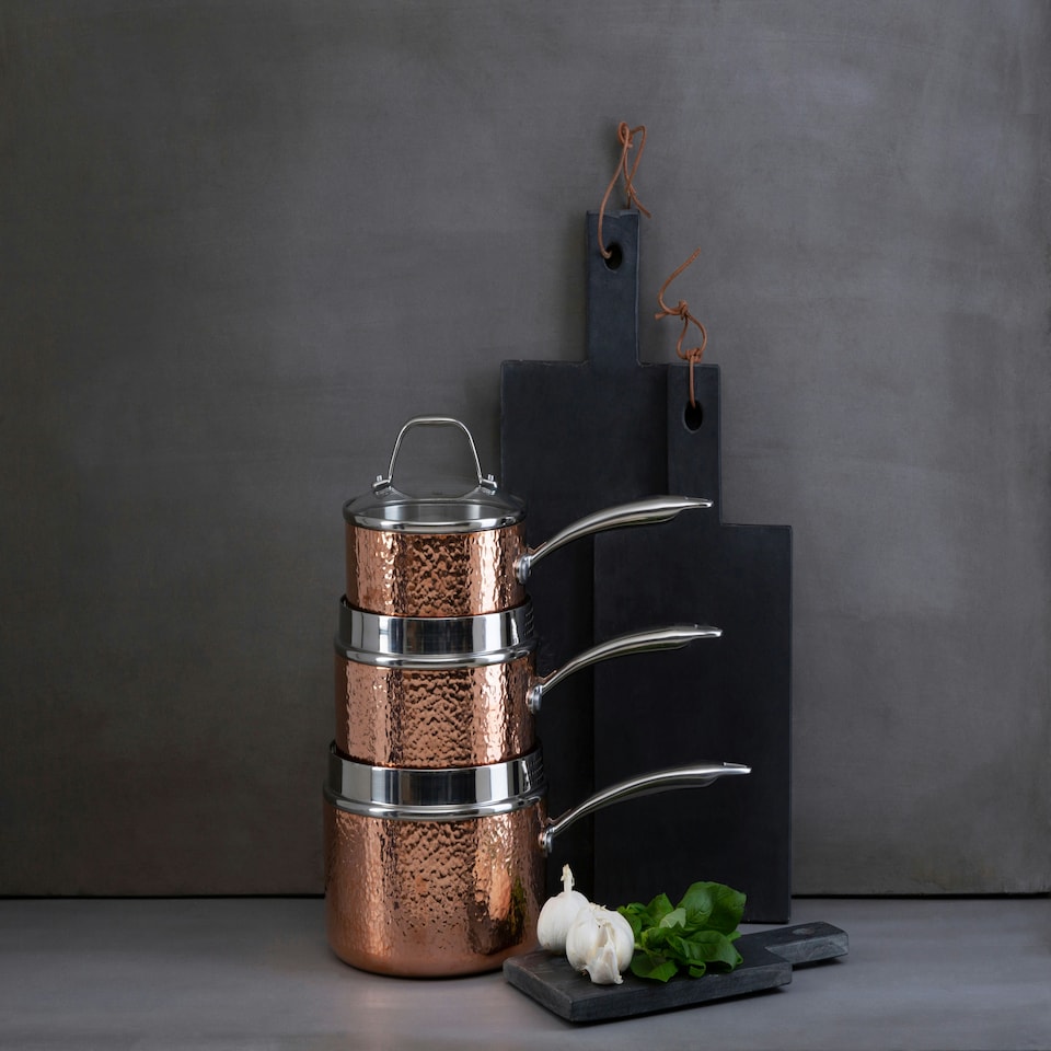 image 1 of Interiors By Premier Medium Hammered Saucepan With Lid, 18cm Copper Coated Pan, Stainless Steel Simmering Pot With Steam Vent Gold