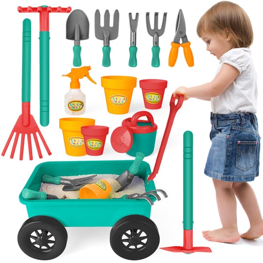 Pull-Along Wheelbarrow and Gardening Tools Play Set - Outdoor Garden Toy for Kids (Green)