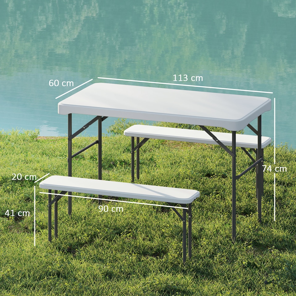 image 1 of Outsunny 3 Piece 4ft Folding Picnic Table and Bench Set, Portable HDPE Camping Table and Chairs with Carrying Handle for Indoor Outdoor, Dining, Camping, Picnic, BBQ, Party, White | White | Light Grey