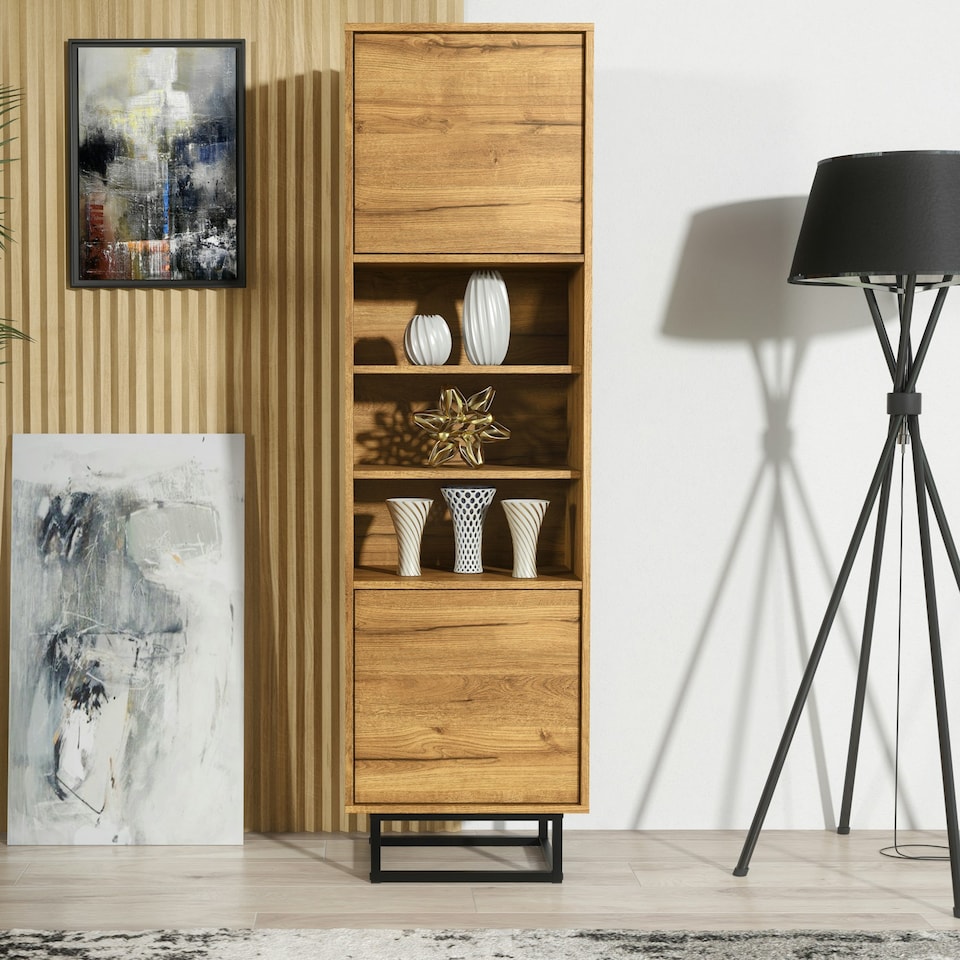 image 1 of Tall Display Cabinet 175cm – Oak Matt with Black Metal Frame & Hidden Storage N/A | Oak
