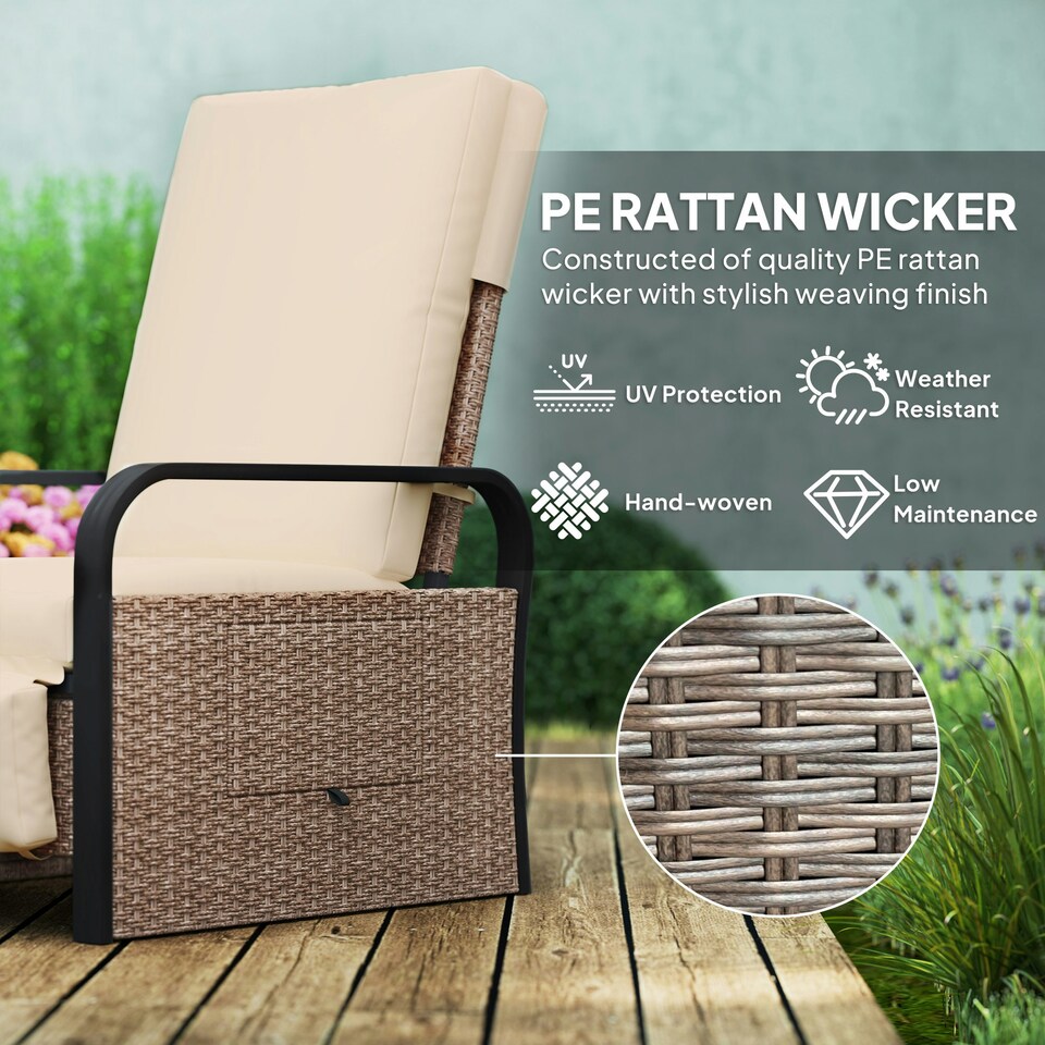 image 1 of Outsunny Rattan Garden Recliner Chair Sun Lounger w/ Side Tray Brown