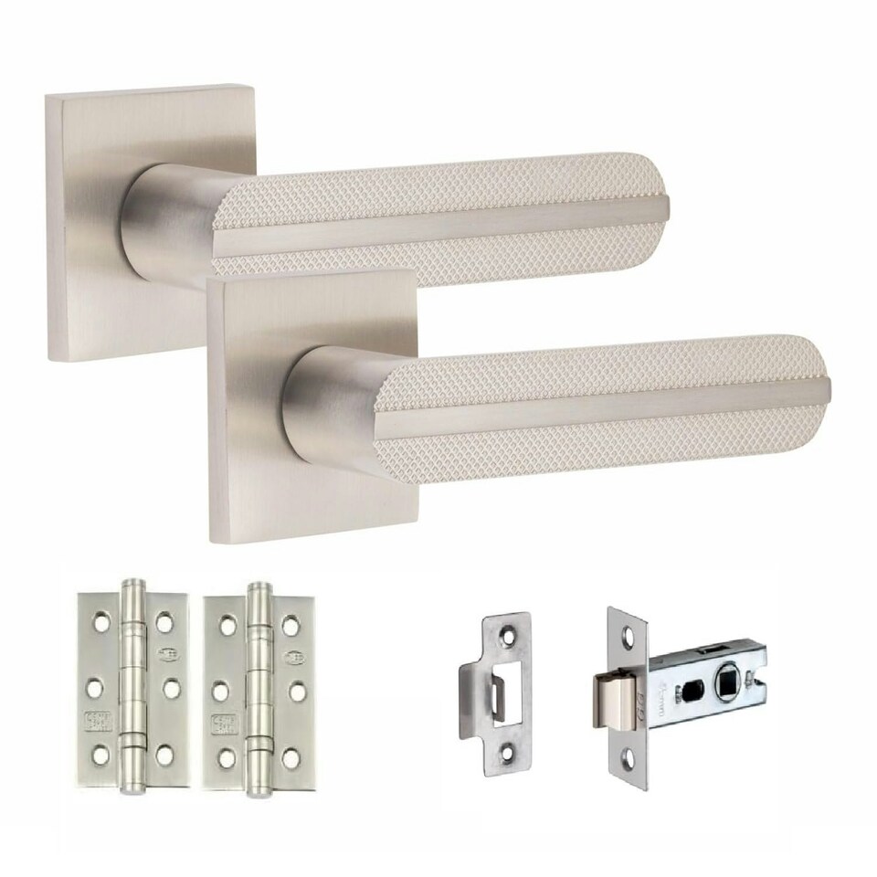 image 1 of Golden Grace 4 Pairs Modern Lima Design Premium Door Handles on Square Rose in Satin Nickel Finish with 3" Ball Bearing Hinges and 2.5" Tubular Latch | Grey | 4 Pairs