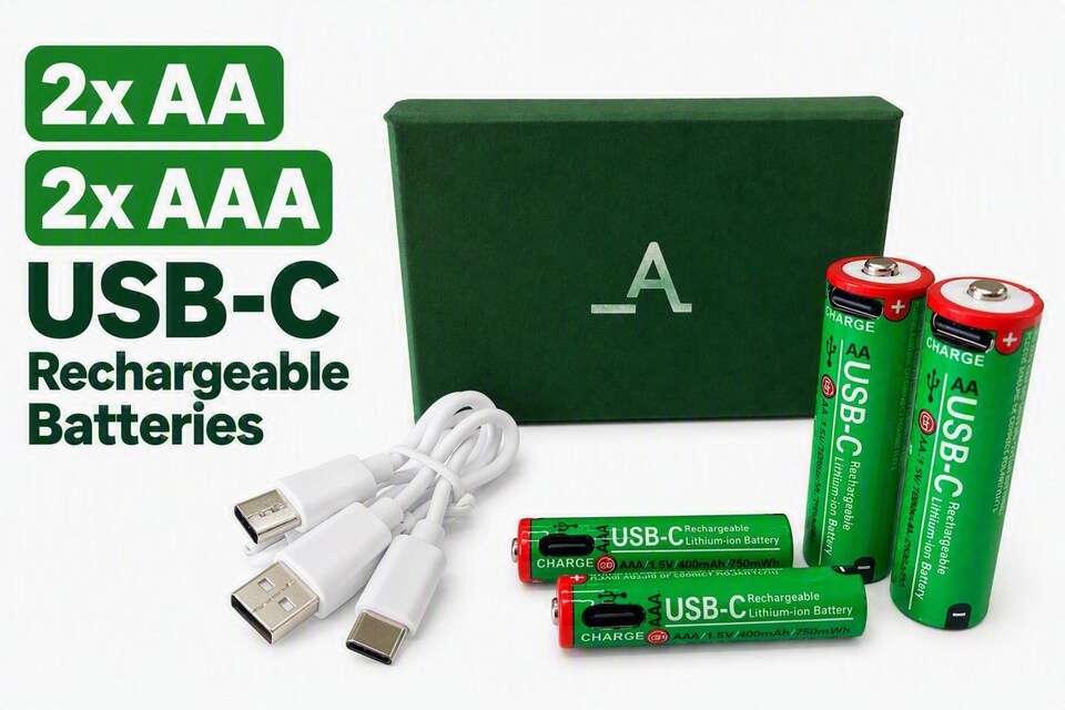 image 1 of Accuratus Power-Up Rechargeable AA Batteries x2 AAA Batteries x2 - USB-C - Lithium-ion Battery Set