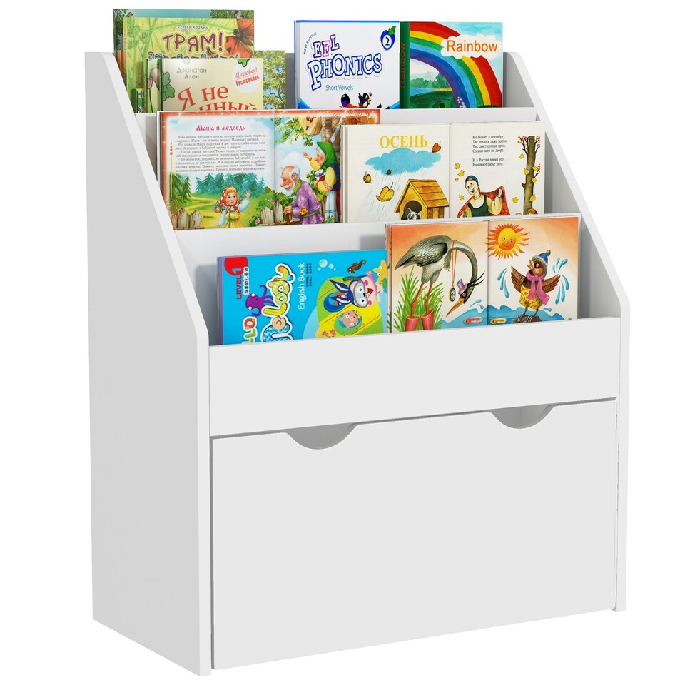 image 1 of AIYAPLAY Kids Bookcase w/ 3 Tier Shelves, Drawer, for Bedroom, Nursery, White White