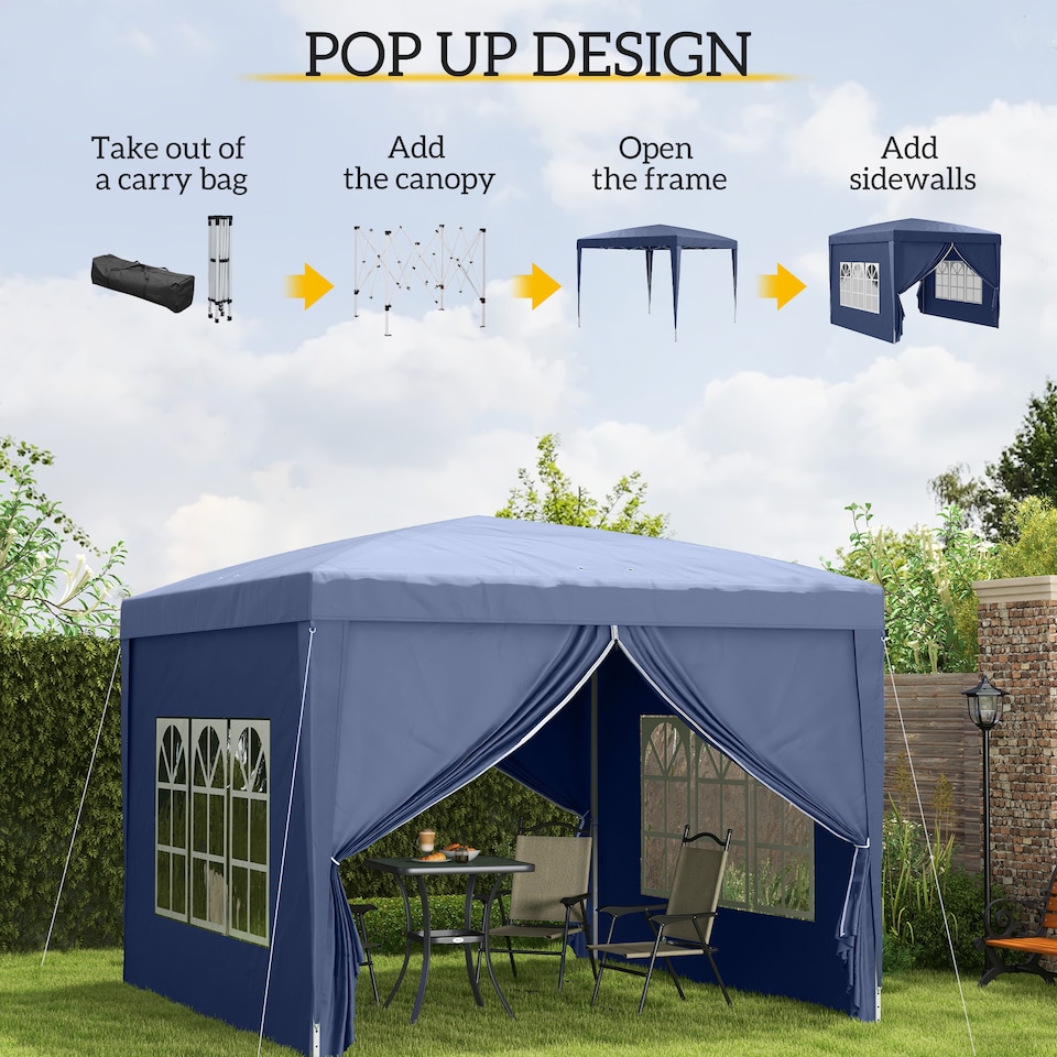 image 1 of Outsunny 3 x 3 m Garden Pop Up Gazebo, Wedding Party Tent Marquee, Water Resistant Awning Canopy with Sidewalls, Windows, Carry Bag, Blue