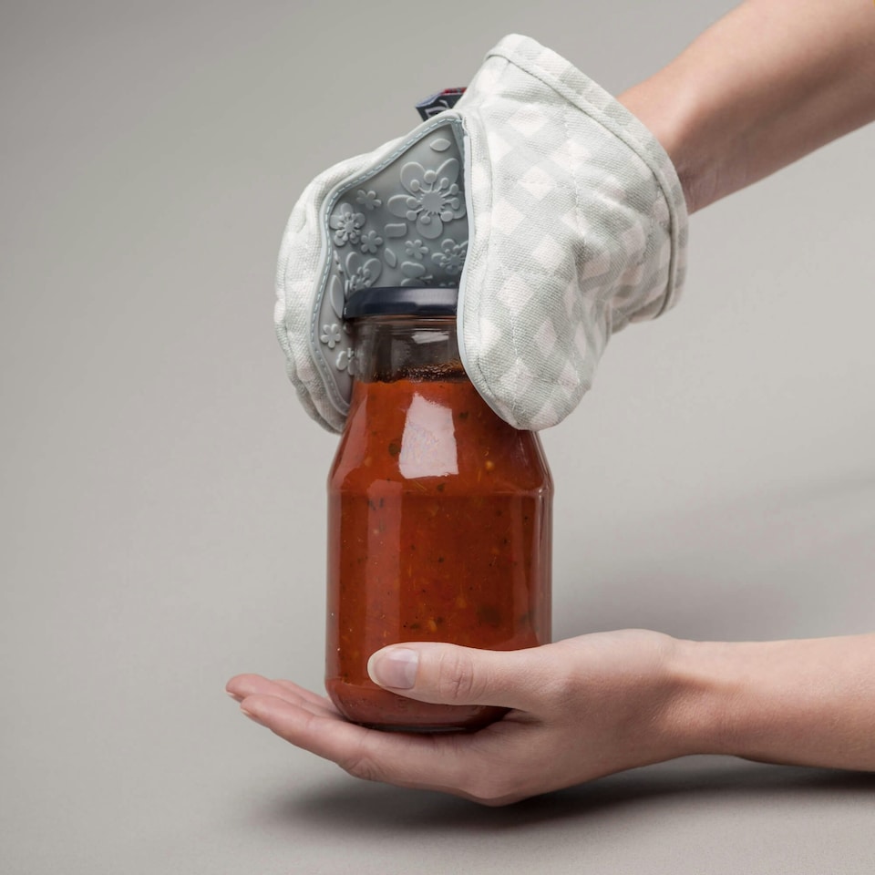 image 1 of Silicone Hot Grab Mini Oven Mitt, Gingham | Blue | Duck Egg Blue