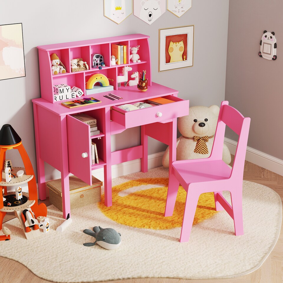 image 1 of COSTWAY Kids Study Desk and Chair Set Children Wooden Craft Table & Chair-Pink