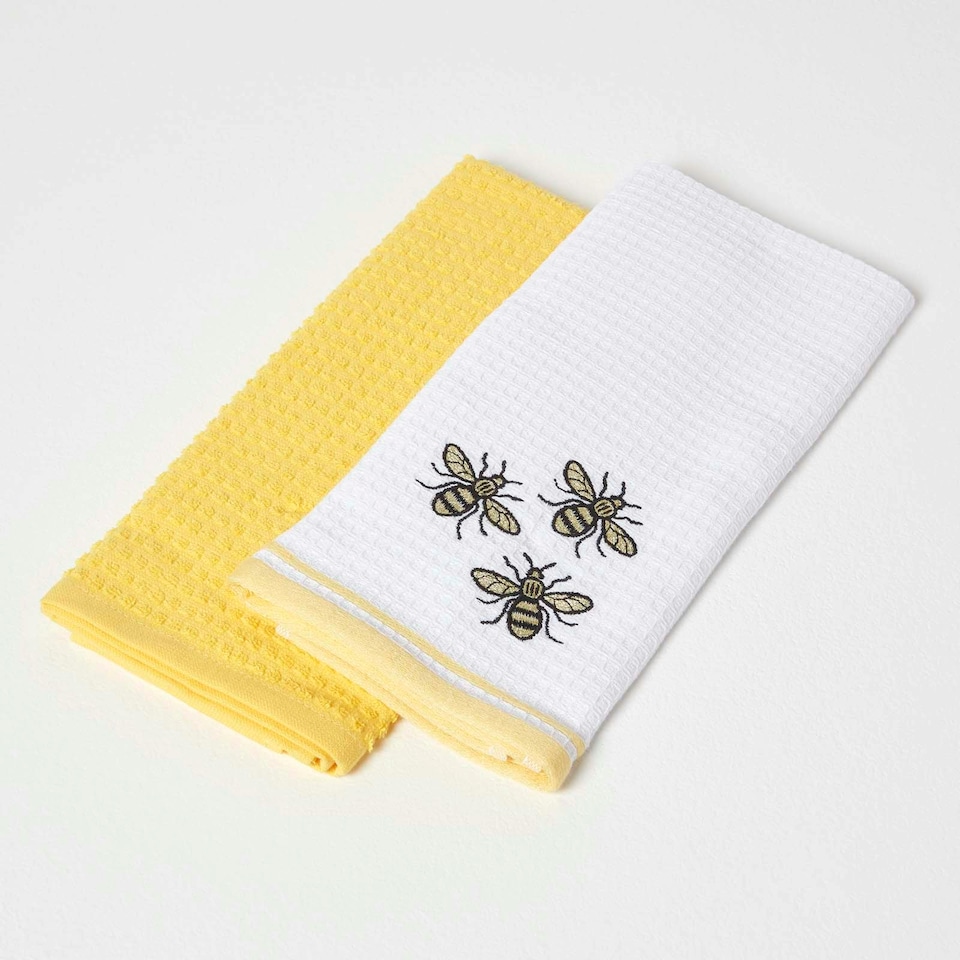 image 1 of Homescapes Bumble-Bee Waffle Cotton Tea Towels - Set of 2 | Yellow | One size | 2