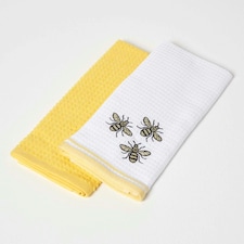 Homescapes Bumble-Bee Waffle Cotton Tea Towels - Set of 2 | Yellow | One size | 2