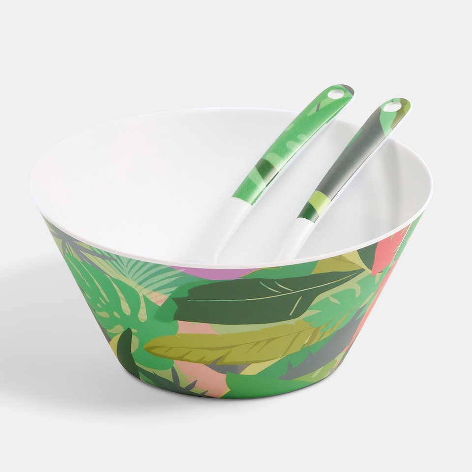 image 1 of OHS Summer Print Plastic Picnic Salad Bowl Utensil Set Lightweight | Green | Colourful Palm