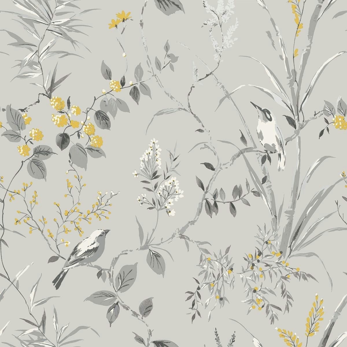 Crown Mariko Bird Wallpaper - Grey - 10m x 53cm Grey