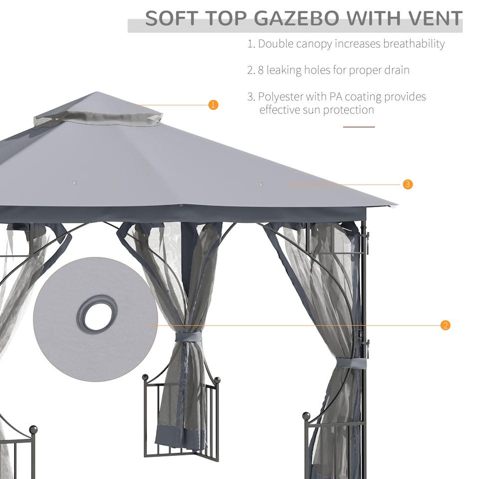 image 1 of Outsunny 3 x 3m Garden Gazebo Patio Party Tent Shelter Outdoor Canopy Double Tier Sun Shade with Metal Frame and Netting, Light Grey