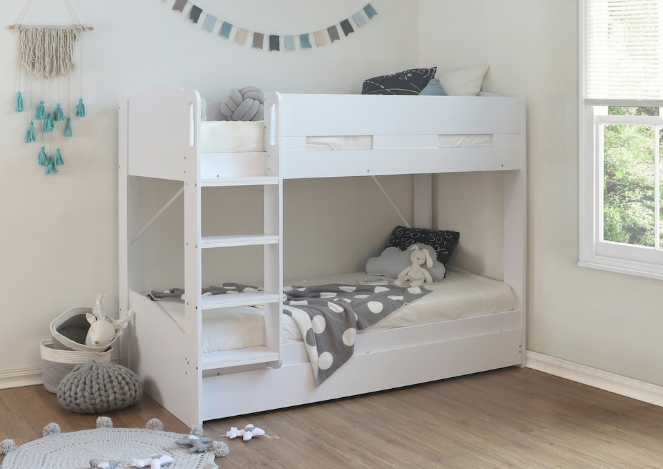 image 1 of Billie Single Bunk Bed White With Pull Out Trundle | White | Single