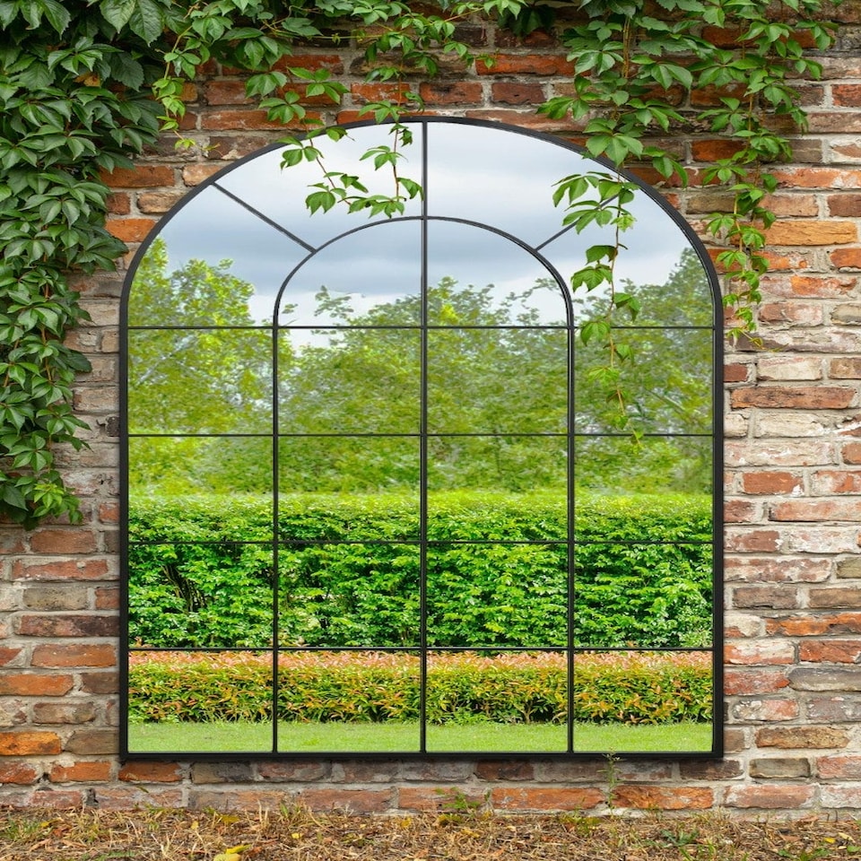 image 1 of The Arcus - Black Framed Arched Window Garden Mirror 75" X 47" 190 x 120CM. Suitable for Outside and Inside! Black