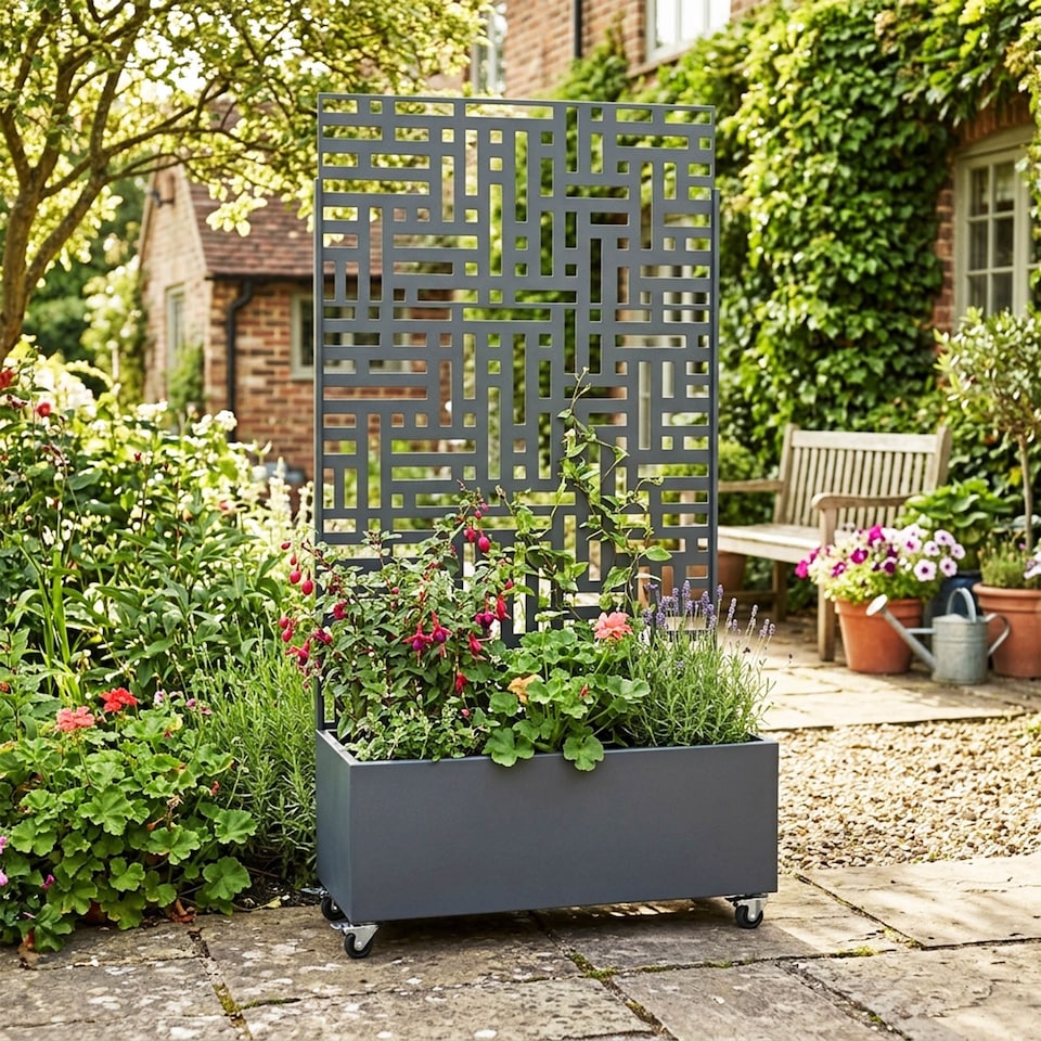 image 1 of Nicoman Metal Outdoor Privacy Screen Panel with Planter | Grey | Grey | 1