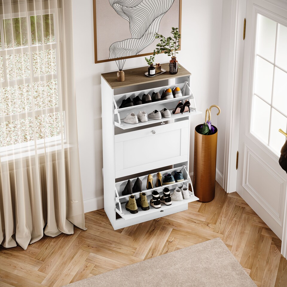 image 1 of Vida Designs 3 Drawer Shoe Cabinet Hallway Home Entrance Storage Unit, White & Oak