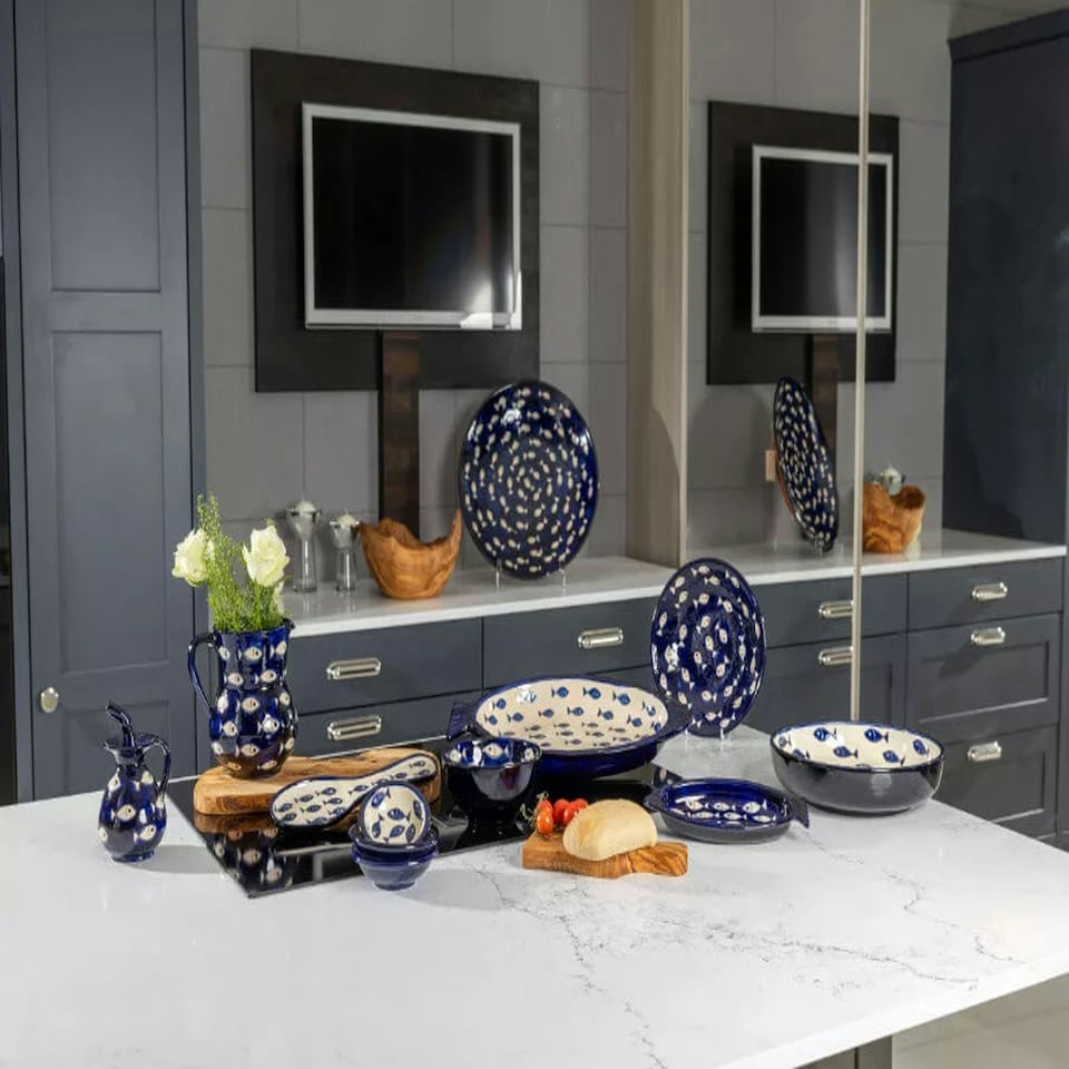 image 1 of Verano Spanish Ceramics Signature Small Jug - 0.5L Blue & White Fish