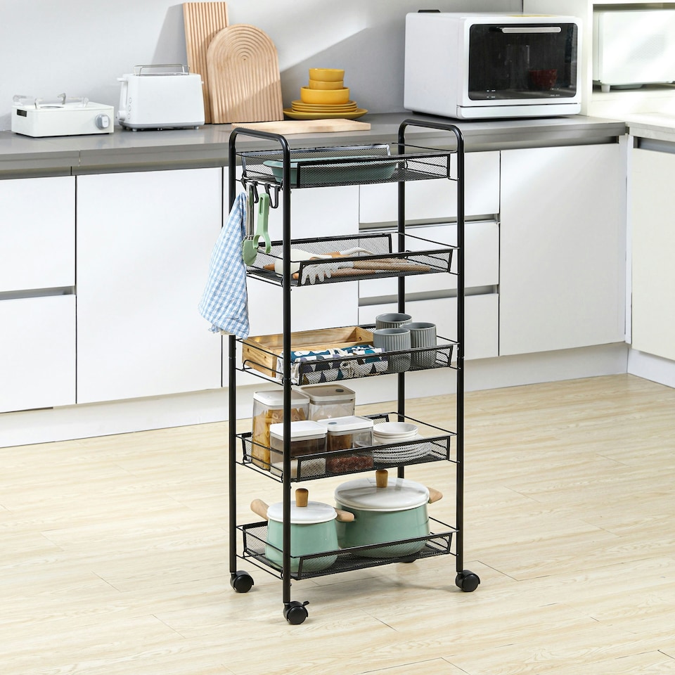image 1 of HOMCOM 5 Tier Utility Rolling Cart with Removable Mesh Baskets, Black