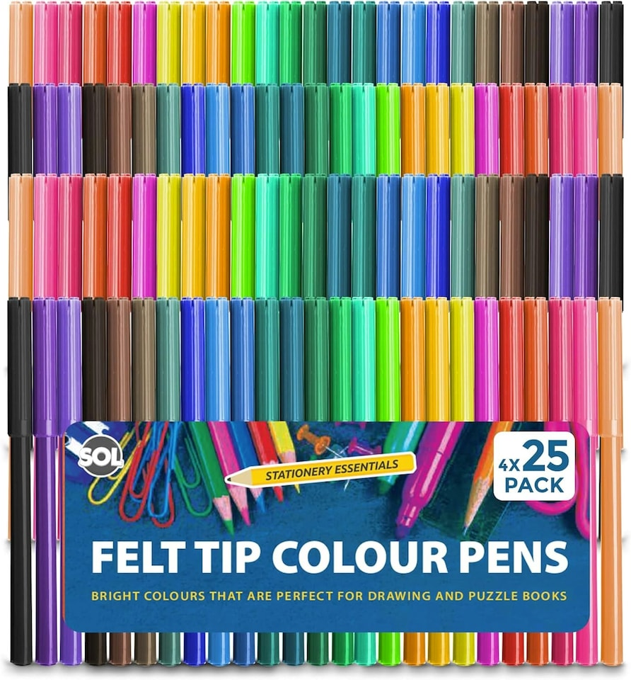 image 1 of SOL 100 Felt Tips Colouring Pens for Adults & Kids Felt Tip Pens for Children