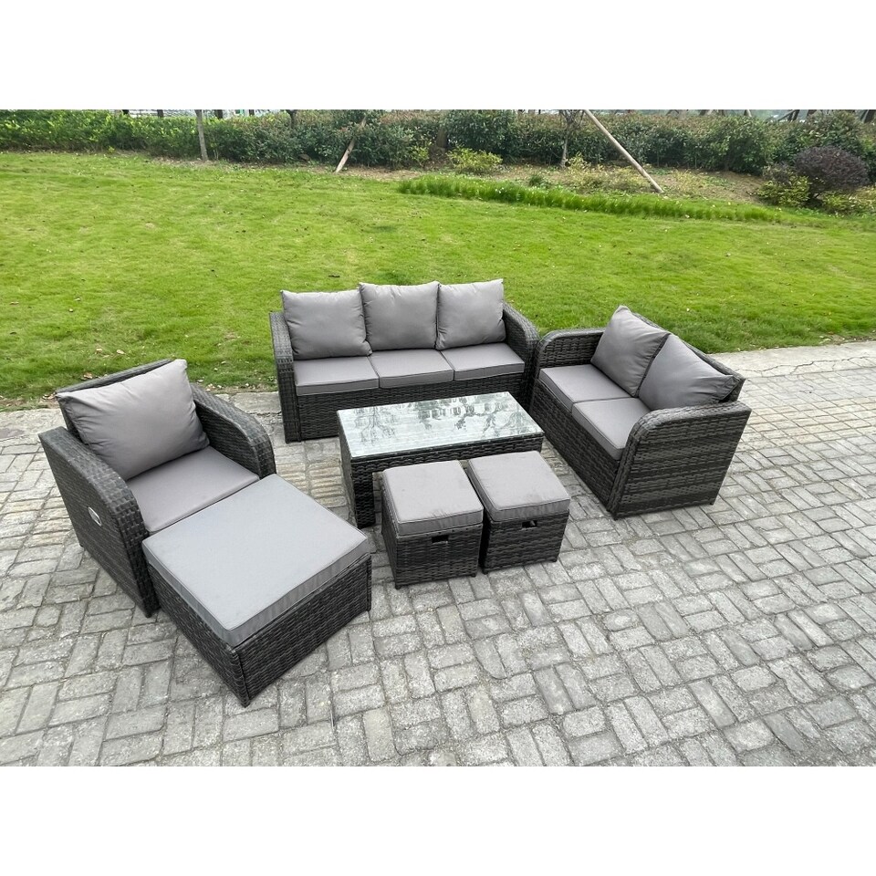 image 1 of Fimous 9 Seater High Back Rattan Garden Furniture Set with Loveseat Sofa Rectangular Coffee Table 3 Footstools Indoor Outdoor Patio Lounge Sofa Set Dark Grey Mixed