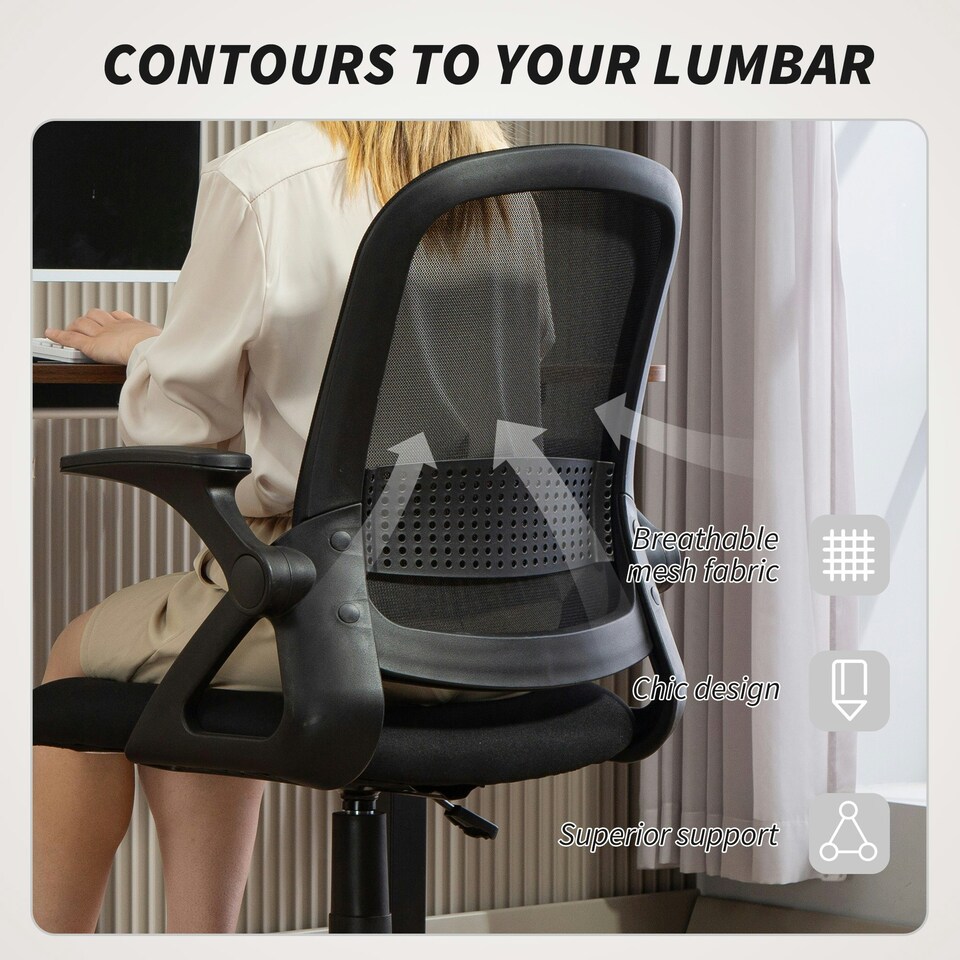 image 1 of HOMCOM Ergonomic Swivel Computer Chair with Flip-up Armrests, Black Black
