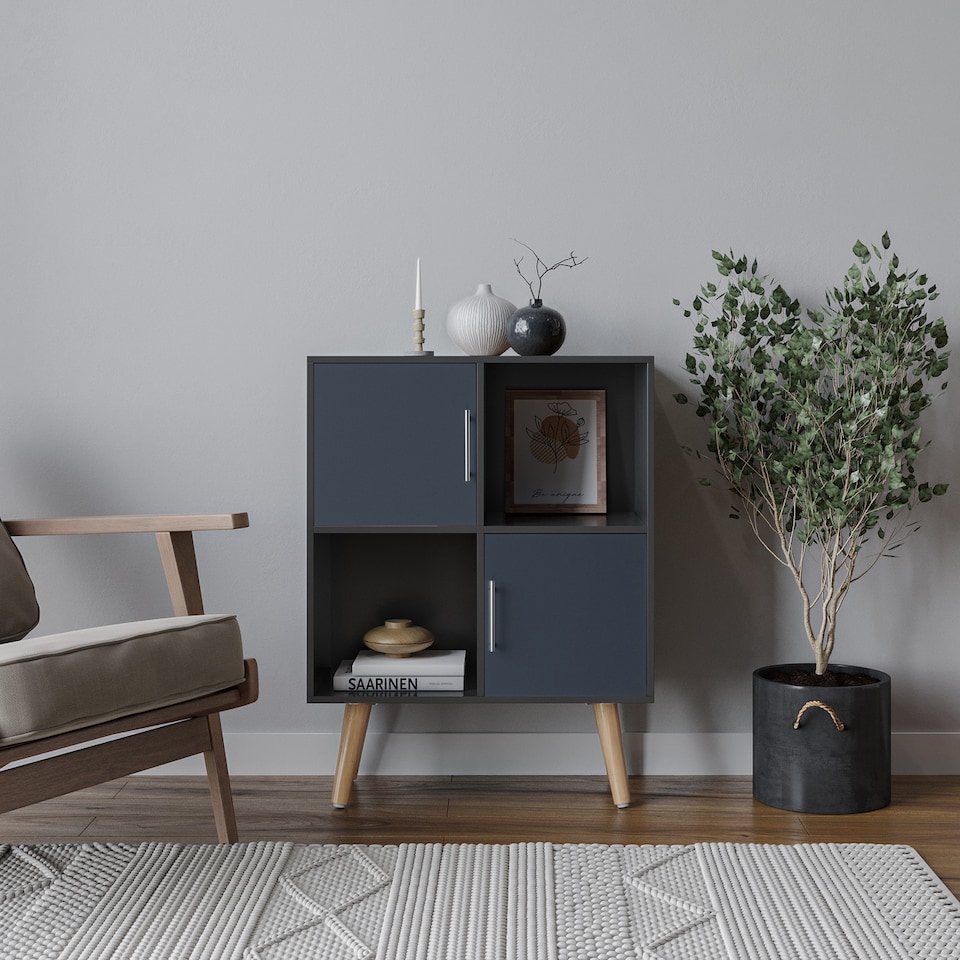 image 1 of Black 4-Cube Storage Unit with 2 Metal Handle Doors and Legs | Grey | Grey & Beech | 1